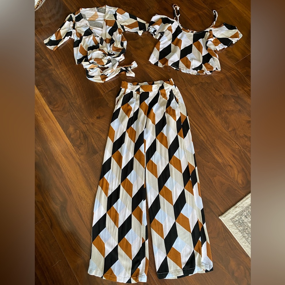 Ava Sky Fighting Eel Geometric Wide Leg Pants Set - Black, White, Brown XS